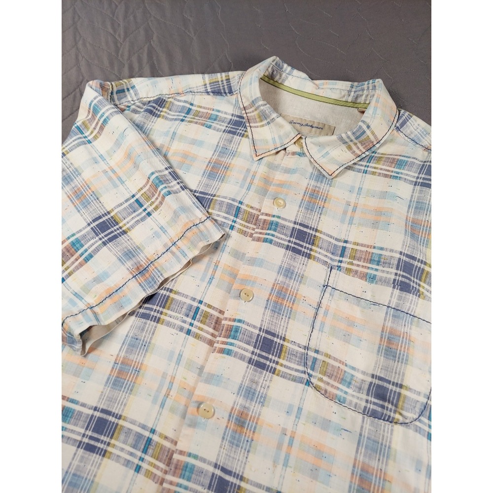 Tommy Bahama Hawaiian Silk Shirt Mens XL Madras Plaid Lightweight Loose Fit EUC